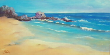 Painting titled "Belle île, plage du…" by Sylvie Auvray Comin, Original Artwork, Oil Mounted on Wood Stretcher frame