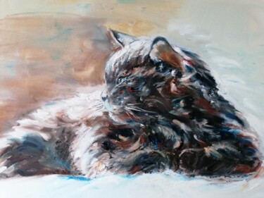 Painting titled "Le chat" by Sylvie Bayle, Original Artwork, Oil Mounted on Wood Stretcher frame