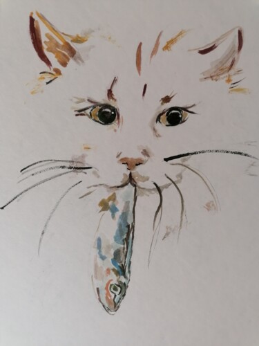 Malerei mit dem Titel "Le chat et la sardi…" von Sylvie Bayle, Original-Kunstwerk, Tinte