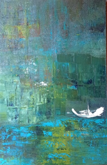 Painting titled "Ma barque" by Sylvie Bisson, Original Artwork, Oil Mounted on Wood Stretcher frame