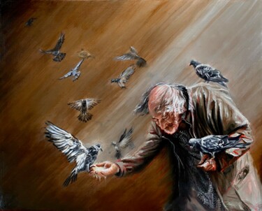Ζωγραφική με τίτλο "Monsieur Pigeon" από Sylvie Boniface, Αυθεντικά έργα τέχνης, Λάδι Τοποθετήθηκε στο Ξύλινο φορείο σκελετό