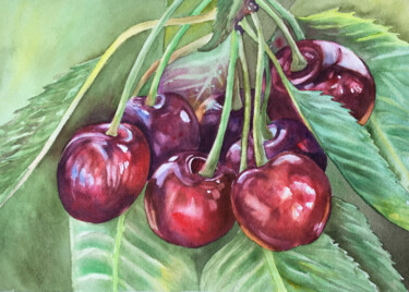 Painting titled "cerises gourmandes" by Sylvie Boulet, Original Artwork, Watercolor