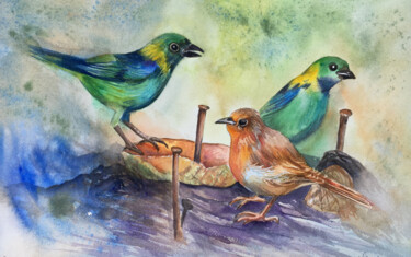 Peinture intitulée "Les oiseaux verts" par Sylvie Boulet, Œuvre d'art originale, Aquarelle