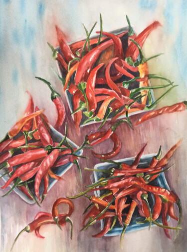 Painting titled "Piments rouges" by Sylvie Boulet, Original Artwork, Watercolor