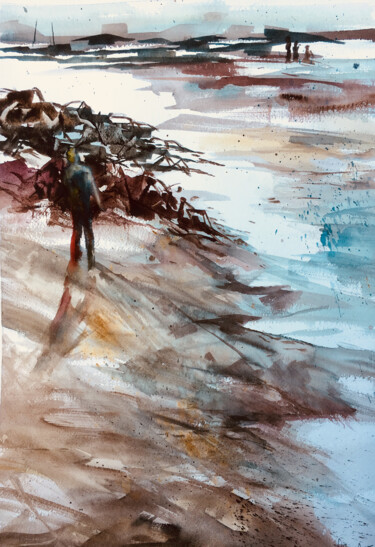 Peinture intitulée "seul sur la rive" par Sylvie Boulet, Œuvre d'art originale, Aquarelle