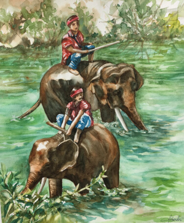 绘画 标题为“Les éléphants de Th…” 由Sylvie Boulet, 原创艺术品, 水彩