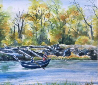 Peinture intitulée "La partie de pêche" par Sylvie Boulet, Œuvre d'art originale, Aquarelle