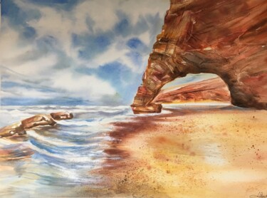 Peinture intitulée "Plage et falaise" par Sylvie Boulet, Œuvre d'art originale, Aquarelle