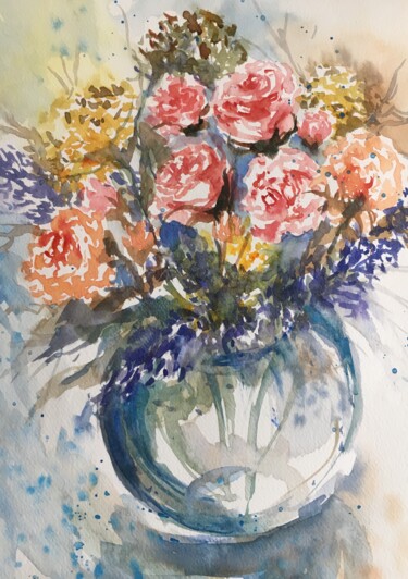 Malerei mit dem Titel "Le bouquet expressi…" von Sylvie Boulet, Original-Kunstwerk, Aquarell