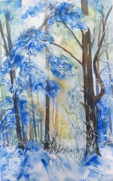 Painting titled "La forêt enneigée" by Sylvie Boulet, Original Artwork, Watercolor