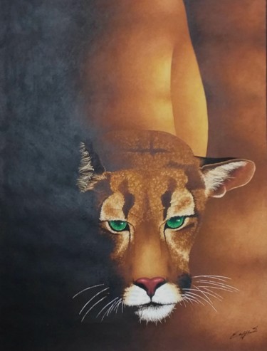Pittura intitolato "Le Puma" da Sylvie Cappe, Opera d'arte originale, Acquarello