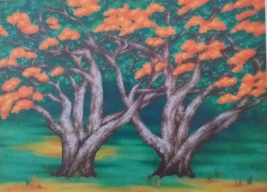 Картина под названием "Sous les arbres" - Sylvie Cappe, Подлинное произведение искусства, Акварель