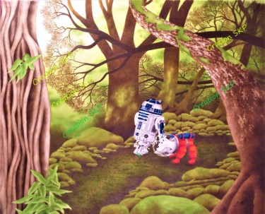 Pittura intitolato "R2D2 et Milou en ca…" da Sylvie Cappe, Opera d'arte originale, Acquarello