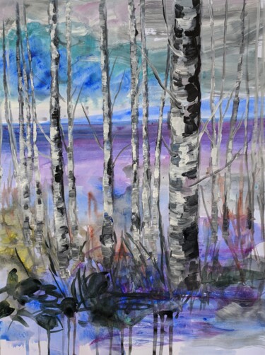 Painting titled "River Birch Trees" by Sylvie Carter, Original Artwork, Acrylic
