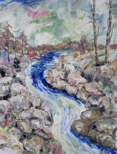 Schilderij getiteld "River and Rocks" door Sylvie Carter, Origineel Kunstwerk, Acryl