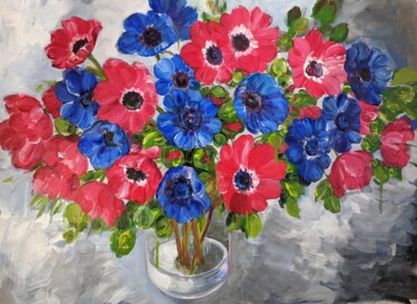 Painting titled "Blue and Red Anemon…" by Sylvie Carter, Original Artwork, Acrylic