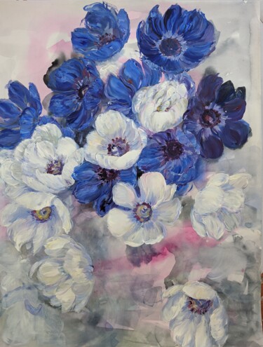 Painting titled "Blue and White Anem…" by Sylvie Carter, Original Artwork, Acrylic