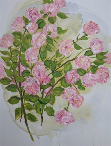 Painting titled "Little Pink Roses" by Sylvie Carter, Original Artwork, Acrylic