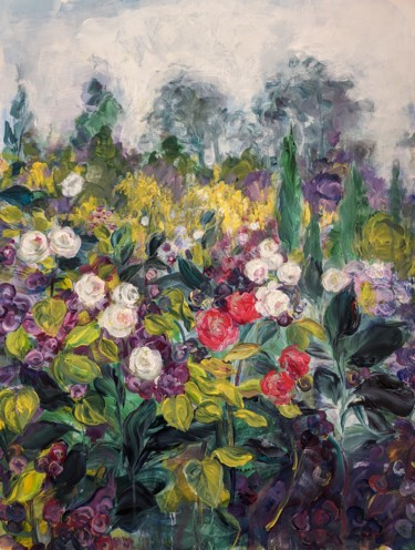 Painting titled "Rose Garden with Tr…" by Sylvie Carter, Original Artwork, Acrylic