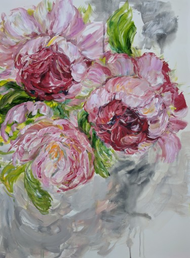 Ζωγραφική με τίτλο "Pink Peonies" από Sylvie Carter, Αυθεντικά έργα τέχνης, Ακρυλικό