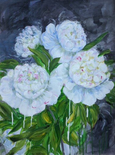 Painting titled "White Garden Roses" by Sylvie Carter, Original Artwork, Acrylic