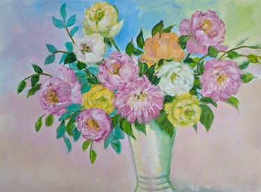Ζωγραφική με τίτλο "Pink and Yellow Ros…" από Sylvie Carter, Αυθεντικά έργα τέχνης, Ακρυλικό