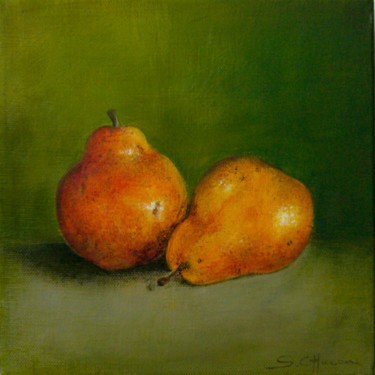 Painting titled "poires sur fond vert" by Sylvie Chacon, Original Artwork