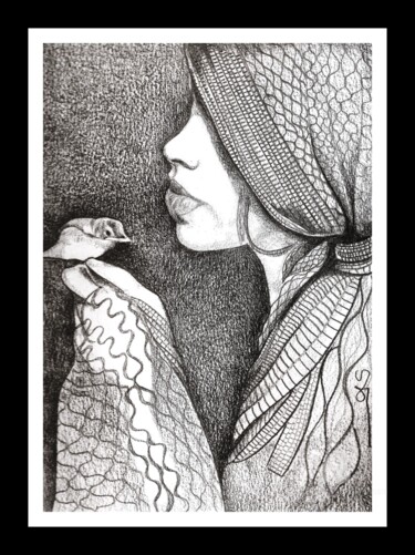 Drawing titled "птица" by Sylvie Chauvin, Original Artwork, Pencil