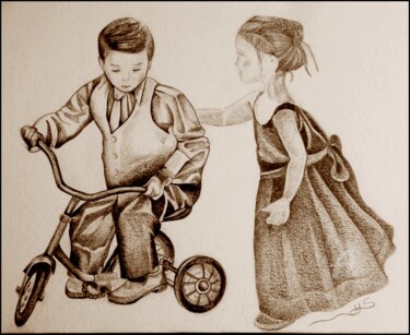 Dessin intitulée "La leçon de vélo" par Sylvie Chauvin, Œuvre d'art originale, Crayon