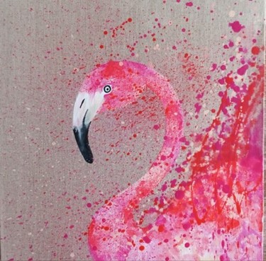 Painting titled "FLAMAND TOUT ROSE" by Sylvie Clain, Original Artwork, Acrylic Mounted on Cardboard