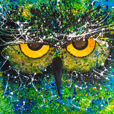 Painting titled "COUCOU HIBOU" by Sylvie Clain, Original Artwork, Acrylic Mounted on Wood Stretcher frame
