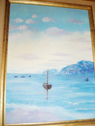 Painting titled "bateau bleu quiétude" by Sylvie Collard, Original Artwork, Oil Mounted on Wood Stretcher frame