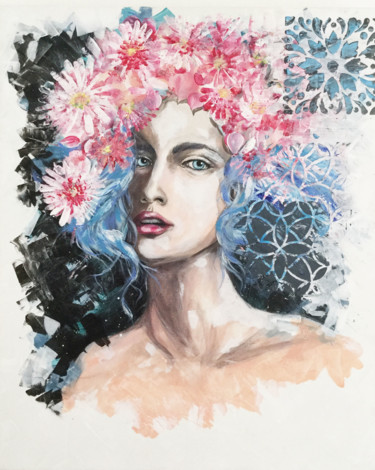 Peinture intitulée "La femme aux fleurs" par Sylvie Dx, Œuvre d'art originale, Acrylique