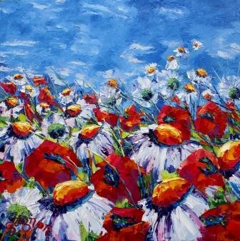 Painting titled "Marguerites obsessi…" by Sylvie Gagnon, Original Artwork, Oil