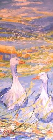 Peinture intitulée "Invasion à l'oie" par Sylvie Gagnon, Œuvre d'art originale, Huile