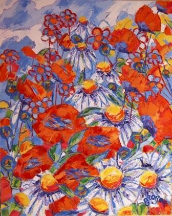 Peinture intitulée "Fleurs au vitrail" par Sylvie Gagnon, Œuvre d'art originale