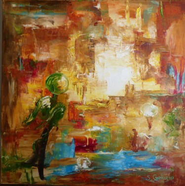 Painting titled "L'ange vert" by Sylvie Gallizio, Original Artwork, Oil Mounted on Wood Stretcher frame