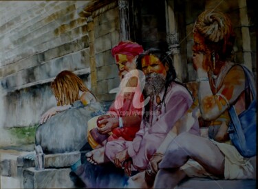 Peinture intitulée "rencontre-a-bhaktap…" par Sylvie Griselle, Œuvre d'art originale, Aquarelle
