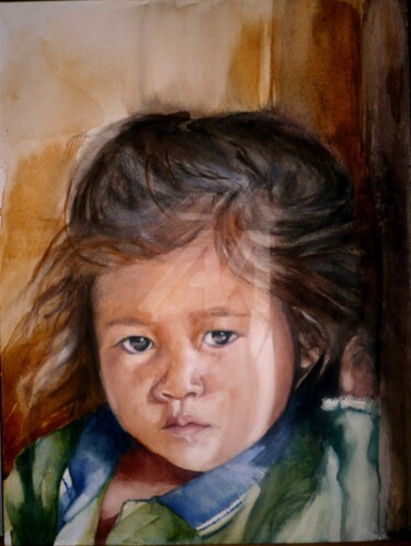 petite fille birmane Peinture intitulée "petite fille birmane" par Sylvie Griselle, Œuvre d'art originale