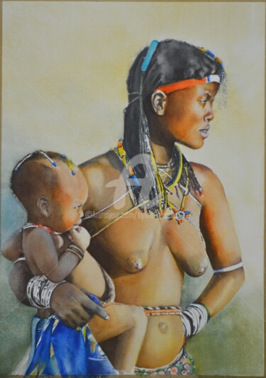 Peinture intitulée "Maternité en Namibie" par Sylvie Griselle, Œuvre d'art originale
