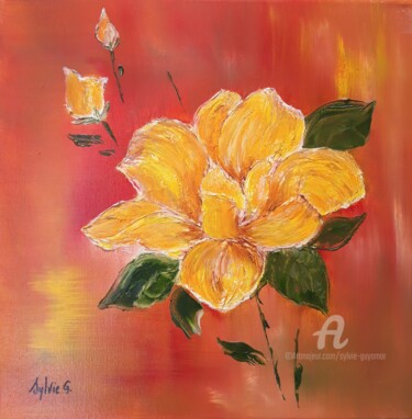 Painting titled "Rose d'or" by Sylvie Guyomar (Sylvie G), Original Artwork, Oil Mounted on Wood Stretcher frame