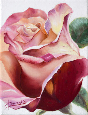 Painting titled "Rose tachetée" by Sylvie Hiernard, Original Artwork, Oil Mounted on Wood Stretcher frame