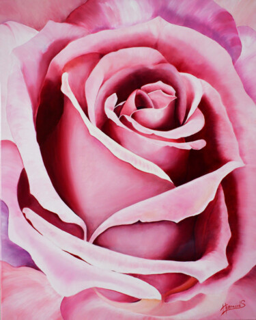 Painting titled "Duo de roses" by Sylvie Hiernard, Original Artwork, Oil Mounted on Wood Stretcher frame