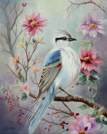 Schilderij getiteld "L'oiseau des fleurs" door Sylvie Hiernard, Origineel Kunstwerk, Olie