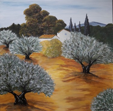Картина под названием "Les oliviers" - Sylvie Jousselin, Подлинное произведение искусства, Акрил Установлен на Деревянная ра…