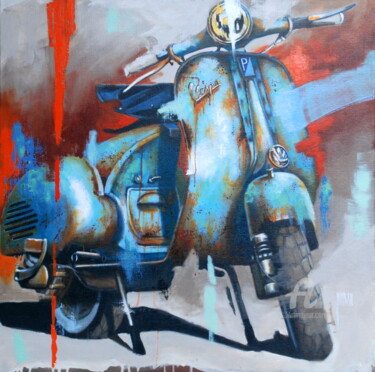 Malerei mit dem Titel "Petite Vespa bleue" von Sylvie Julkowski-Egard, Original-Kunstwerk, Öl Auf Keilrahmen aus Holz montie…