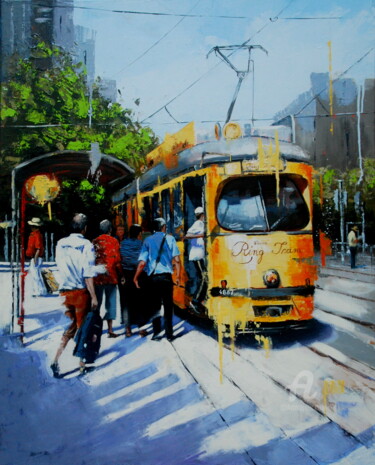 Painting titled "Vienna Ring Tram" by Sylvie Julkowski-Egard, Original Artwork, Oil Mounted on Wood Stretcher frame