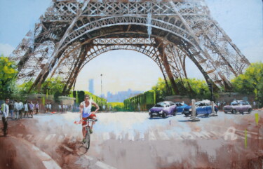 Painting titled "Un dimanche à vélo" by Sylvie Julkowski-Egard, Original Artwork, Oil Mounted on Wood Stretcher frame