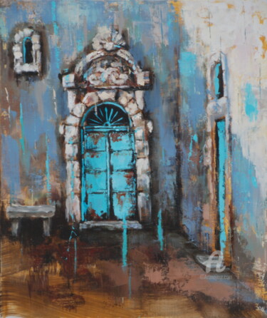 Painting titled "Ruelle à Ostuni" by Sylvie Julkowski-Egard, Original Artwork, Oil Mounted on Wood Stretcher frame