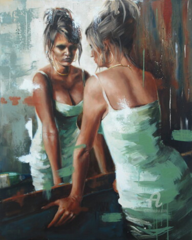 Painting titled "Introspection" by Sylvie Julkowski-Egard, Original Artwork, Oil Mounted on Wood Stretcher frame